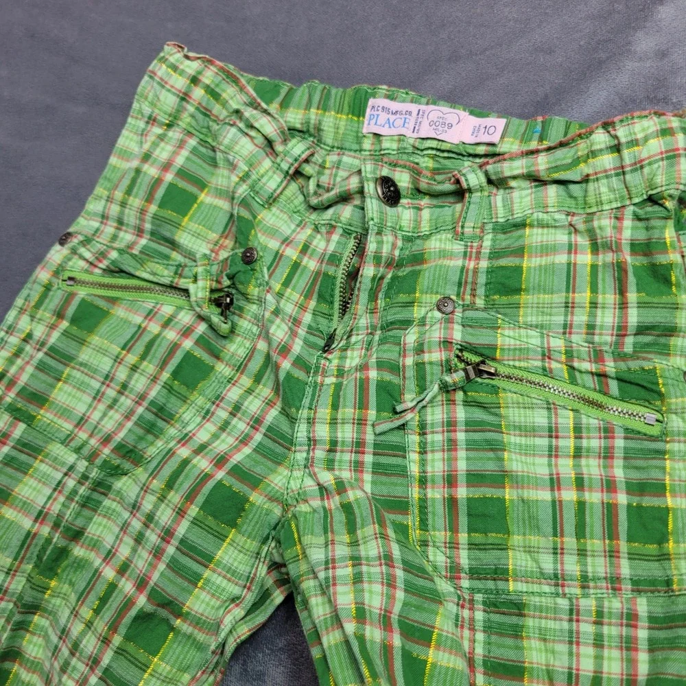 The Childrens Place Kids Green Plaid Cargo Pants‎ Metallic Adjustable Waist 10